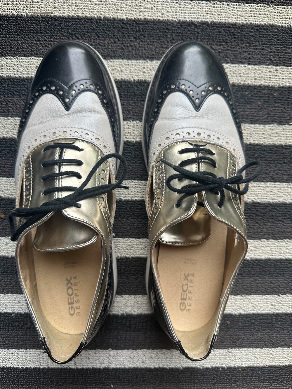 Geox Respira Women’s Black, White and Gold Two-Tone Brogue Oxfords